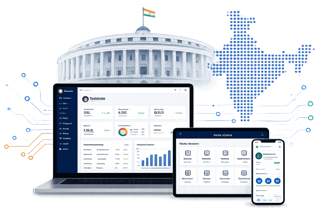 SDL Solutions digital platform shown on laptop, tablet and phone in front of Parliament House and a dotted map of India